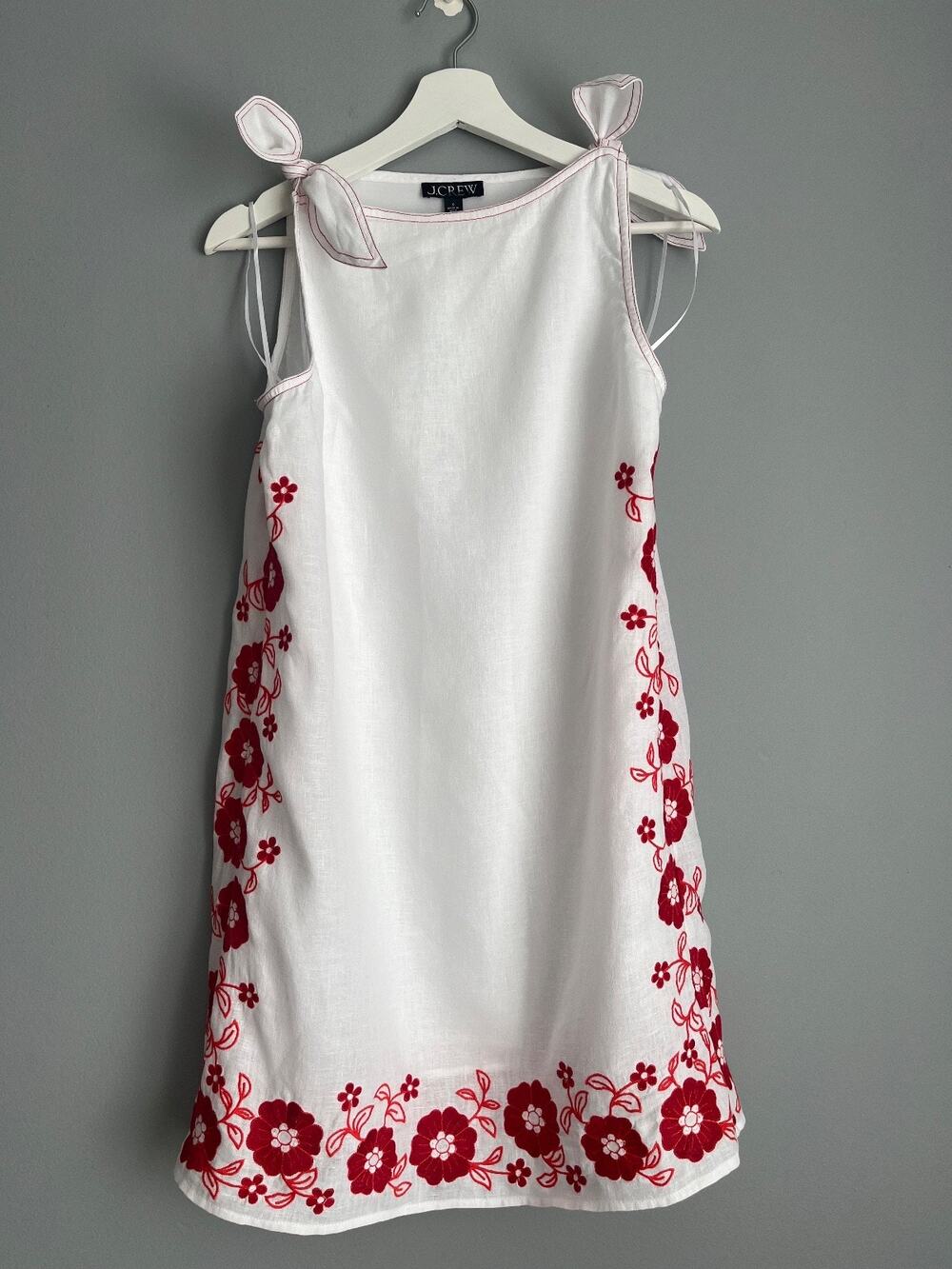 J.Crew NWT $178 Women's Sadie Embroidered Linen Mini Dress White Red S Coastal